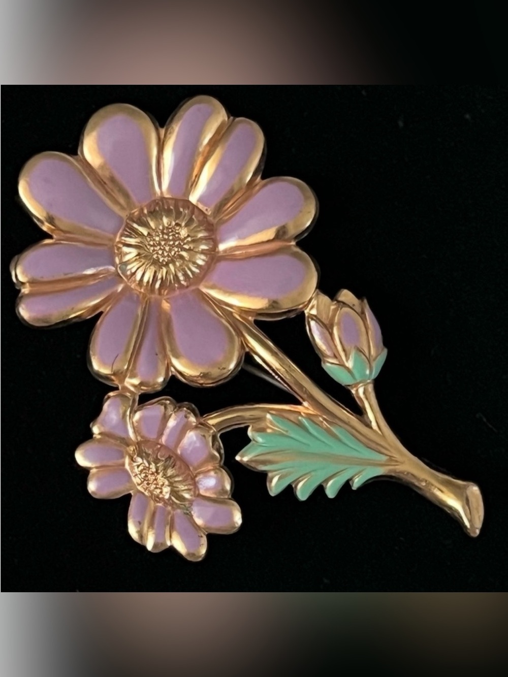 Vintage Signed TARA Lavender Pink Enamel Flower Brooch Pin Gold Tone Mid-Century